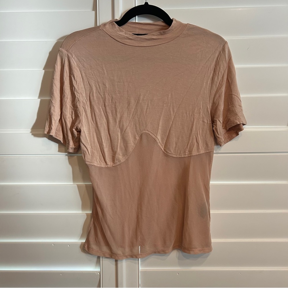 Fashion to Figure Mesh Bustier Detail Mixed Material Top Tan Size Small